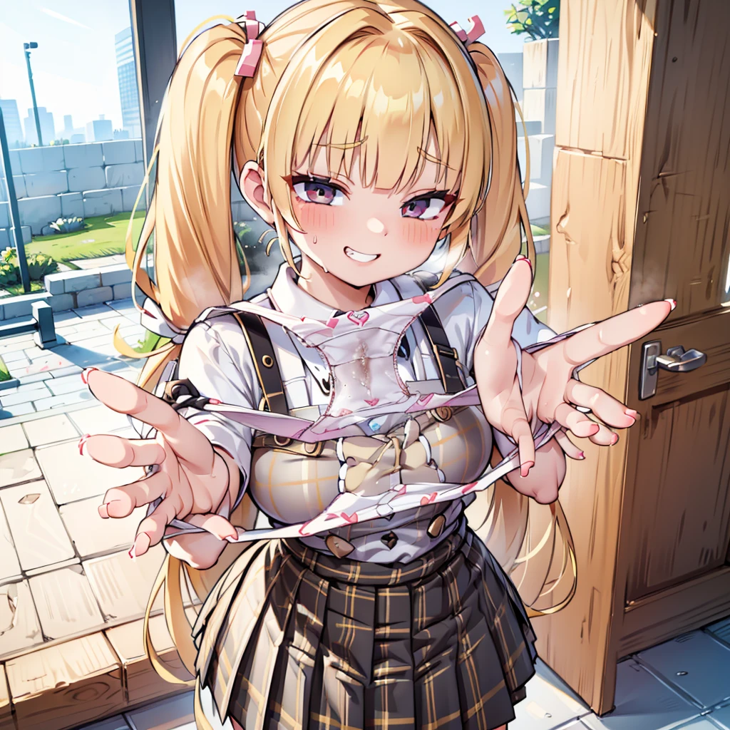 blonde, {{{Half Twin Tail:1.3}}}、shirt, blush, white shirt, hair ornaments, Manicure, Plaid skirt, Pleated skirt,
,Pay attention to the panties,
Looking down,View your audience,Panties as a gift,Tabletop, Highest quality, Perfect Skin, Detailed skin texture, Super detailed, 8K, Intricate details, Beautifully detailed face,High resolution,
Grin, smile, Looking down at the viewer, masterpiece, (Panties are stained with pee)、(Pussy、Love Juice)、Sweat、(body odor),perfect hands