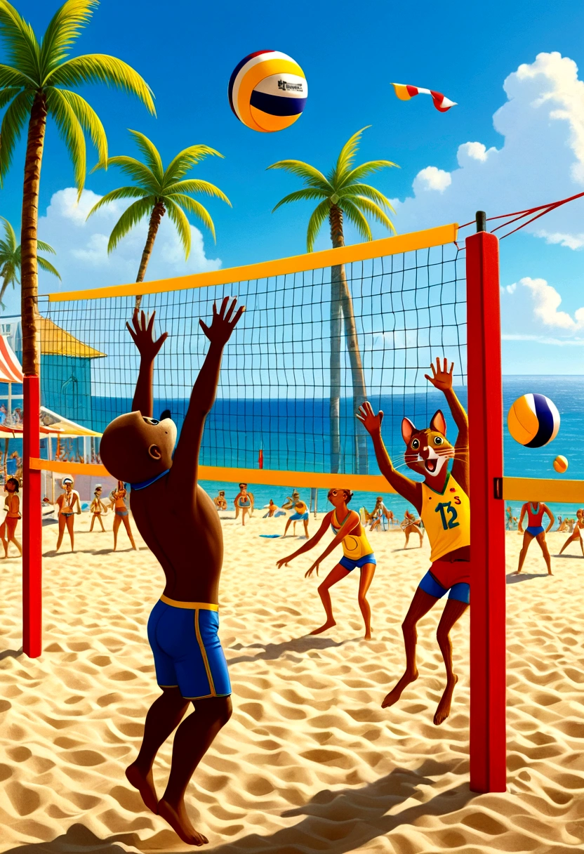 Beach Volleyball, by lois van baarle, full body, cinematic still, cinemascope, best quality, masterpiece, very aesthetic, perfect composition, intricate details, ultra-detailed, vivid colors