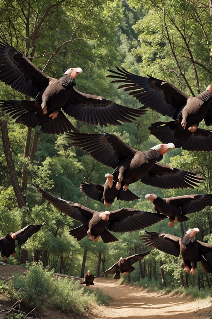 5 animated condors flying in a forest
