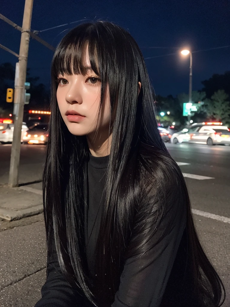 
Create an image featuring a person with long, black-colored hair with bangs lying on the ground in an urban nighttime setting. The scene should be illuminated with a greenish, eerie light, giving the image a surreal and otherworldly appearance. The background should include elements like houses, parked cars, and streetlights, enhancing the nighttime atmosphere. The person’s expression should be slightly melancholic or contemplative, adding to the overall mysterious and moody vibe of the image.