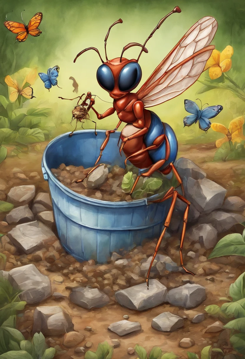 ((giant ant eating a butterfly, garbage pail kids style)), in an ant pile, 3d cartoon, high quality, detailed,