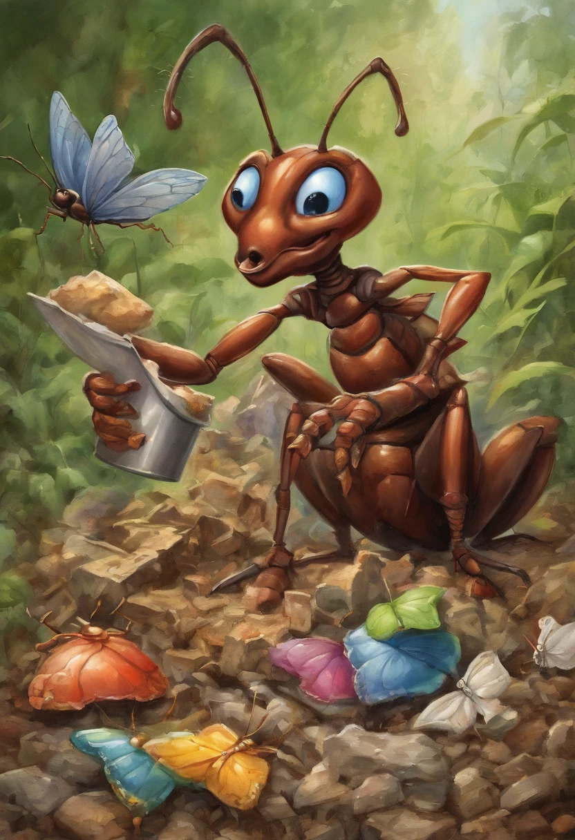 ((giant ant eating a butterfly, garbage pail kids style)), in an ant pile, 3d cartoon, high quality, detailed,