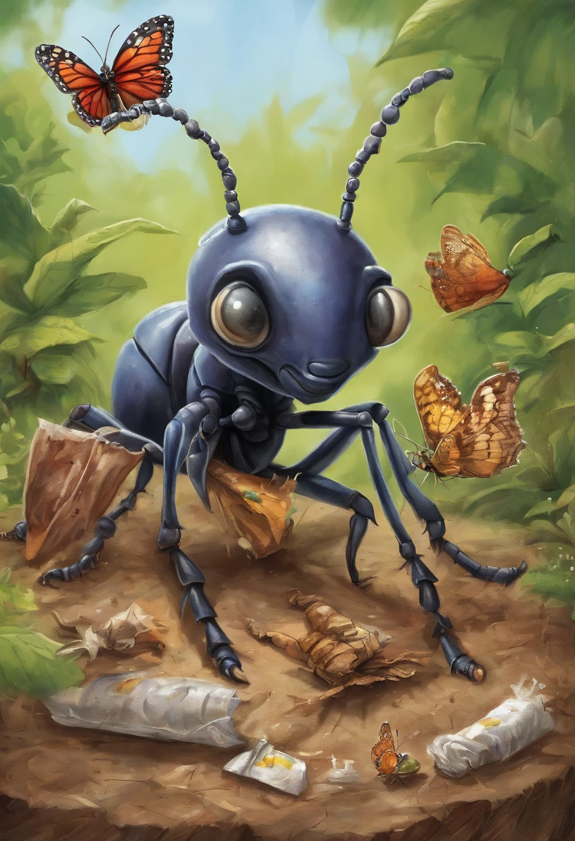 ((giant ant eating a butterfly, garbage pail kids style)), in an ant pile, 3d cartoon, high quality, detailed,