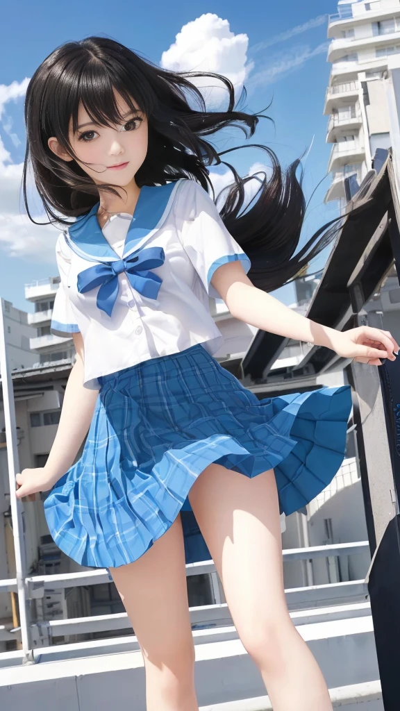 *** in a blue skirt and white shirt standing on a roof, Beautiful school girl, (Hair blowing in the wind:1.3), (The wind is blowing my skirt:1.2, Panty shot:1.3), Slender body line, Small and slender figure, Beautiful breasts, Small beautiful butt, Alluring thighs, Cute girl visuals, Kantai Collection Style, (16 year old beautiful girl, Baby Face, Idol Face), Yukina Himeragi, Attractive girl, Smooth CG art, Moe art style, Best Girl, Young girl, (Detailed eyes and face:1.2, Professional photography techniques), (Highest quality, 8K, masterpiece:1.2, RAW Photos), Gaze at the viewer, blush