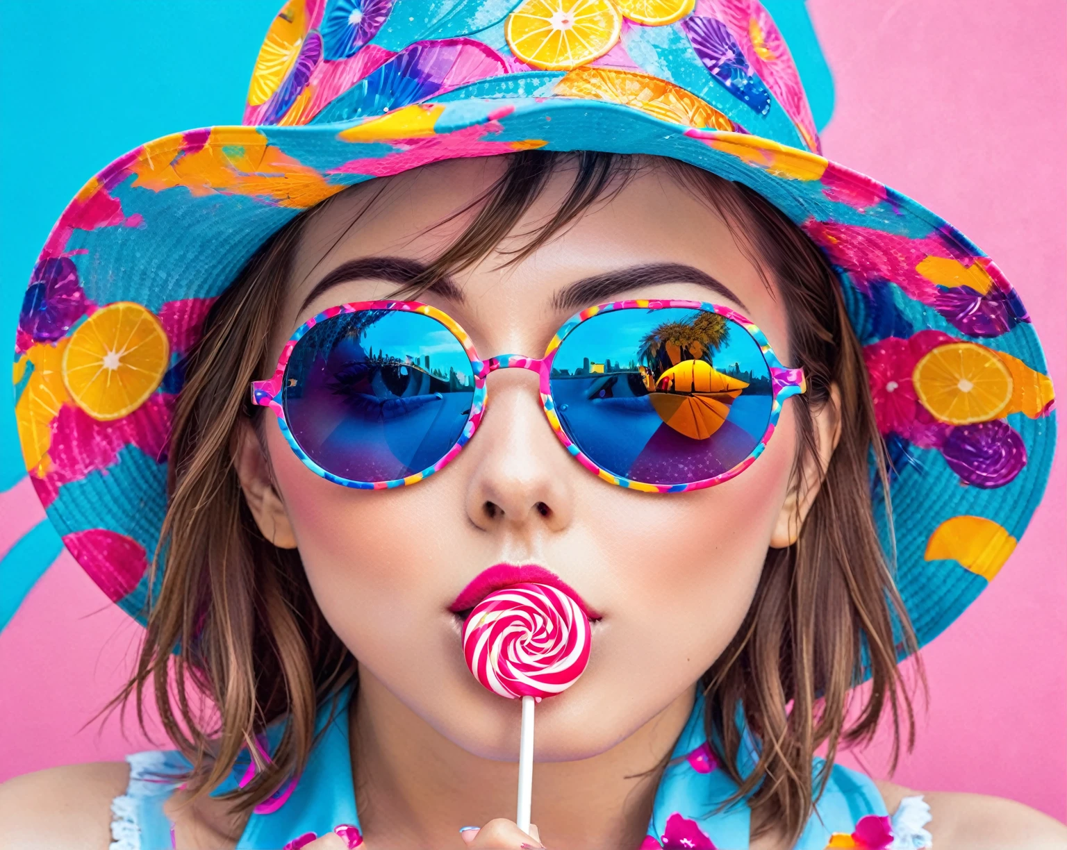 Close-up of a woman wearing a hat and sunglasses, holding lollipop in mouth, Colorful fashion, Colorful photo, Colorfull, Colorful, Colorful aesthetic, pop and bright colors, Colorful, Pop art style, bright colors, bright pastel colors, bright cool colors, Colorful colors, splash of blue and pink color, Colorfully, super Colorful, beautiful Colorful, Colorful rave makeup