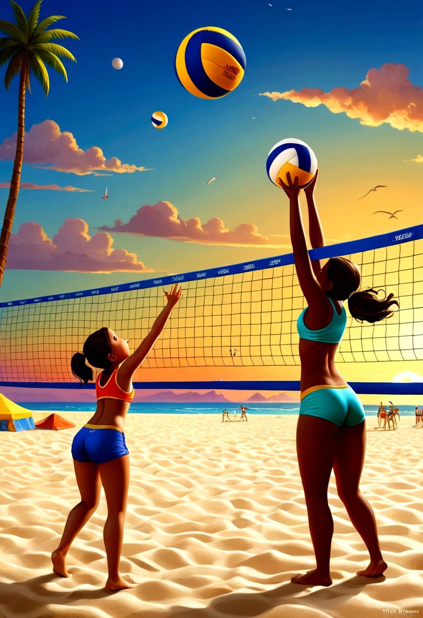 Beach Volleyball, by lois van baarle, full body, cinematic still, cinemascope, best quality, masterpiece, very aesthetic, perfect composition, intricate details, ultra-detailed, vivid colors