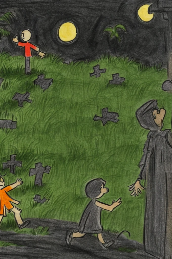 A boy waving to a ghost girl in a cemetery at night. Drawing style of old lunch boxes