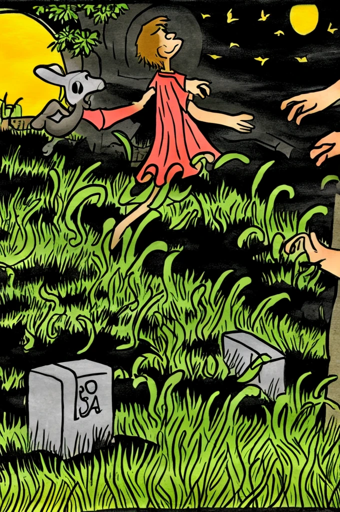 A boy waving to a ghost girl in a cemetery at night. Drawing style of old lunch boxes