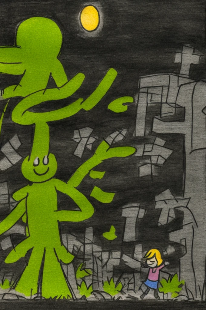A boy waving to a ghost girl in a cemetery at night. Drawing style of old lunch boxes