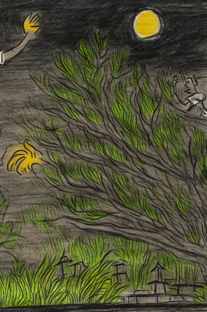 A boy waving to a ghost girl in a cemetery at night. Drawing style of old lunch boxes