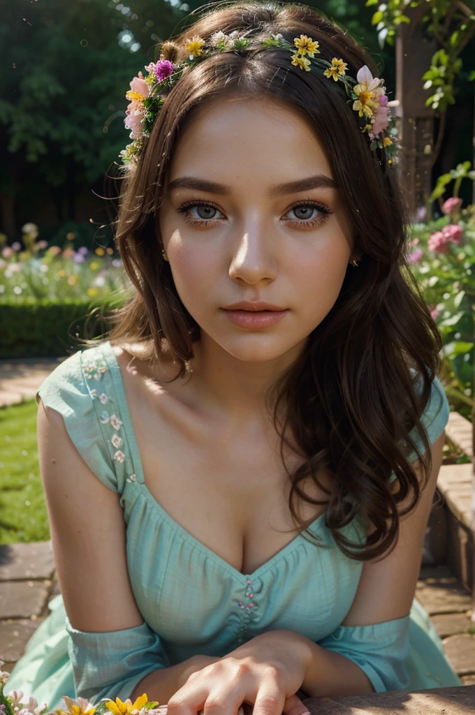 a beautiful girl in a dreamy garden, 1girl, detailed eyes, detailed lips, long eyelashes, elegant dress, whimsical pose, flower crown, warm lighting, vibrant colors, cinematic composition, digital painting, masterpiece, hyper detailed, 4k, photorealistic