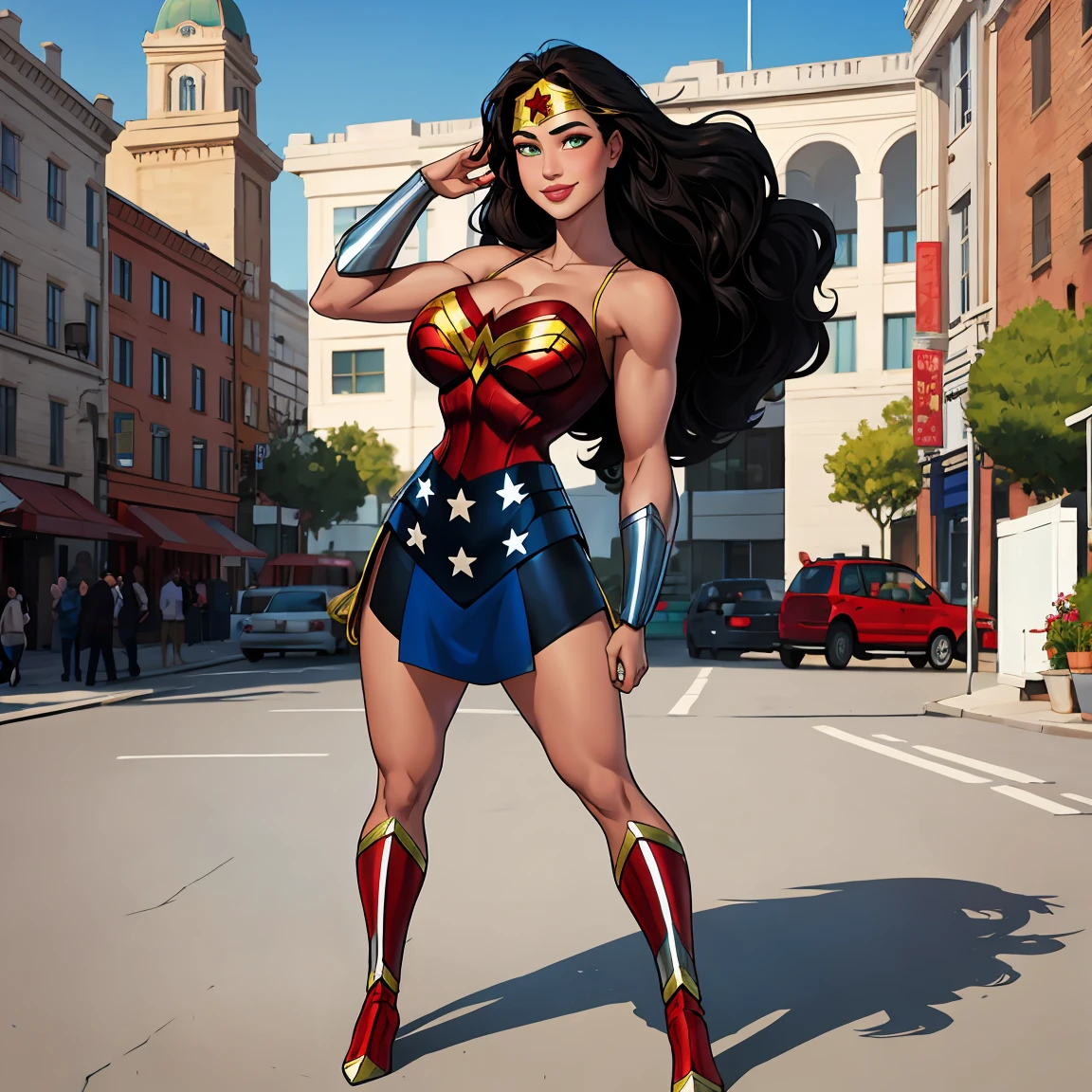 (((full body photo)))  masterpiece， Best quality at best， 1girl， Wonder Woman， Large breasts，（cleavage)，（upperbody closeup)，Raised sexy，is shy，smile， long flowing hair， （Green eyeballs:1.4)， the city building, busty figure, wonder woman uniform, white skin girl, fair skin, light skin, white ethnicity, white race, beautiful European beauty, beauty standards