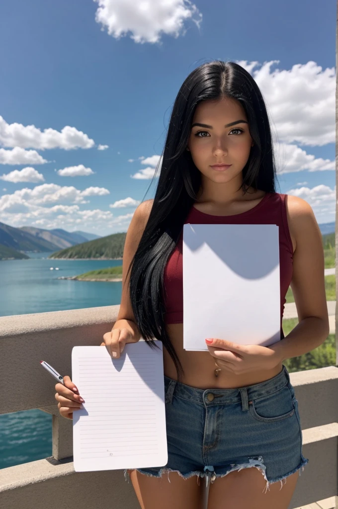 A real Canadian girl with black hair but tinted red tips nice body holding a notebook paper that has aliciaml0's name written very big that you can read