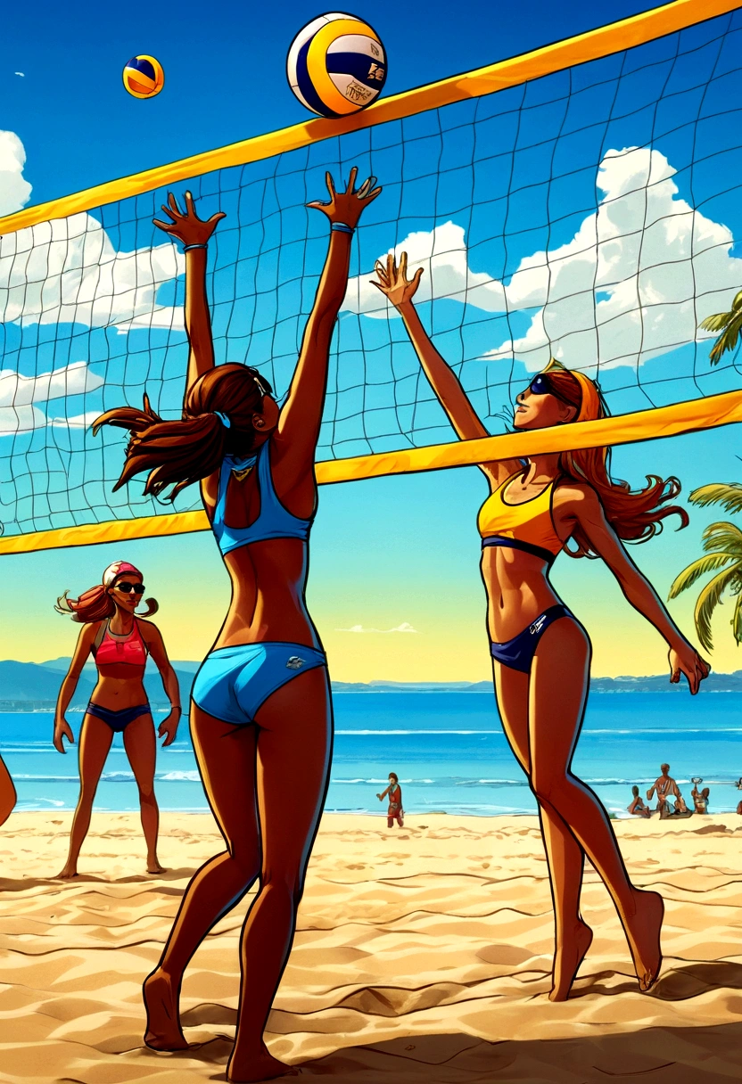 Beach Volleyball, by Skottie Young, full body, cinematic still, cinemascope, best quality, masterpiece, very aesthetic, perfect composition, intricate details, ultra-detailed, vivid colors