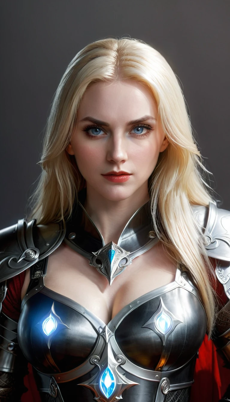 (character portrait for the game Dungeons and dragons), (female 30 years old, spellblade, high charisma), (white skin:0.8, nordic facial features, heavy black makeup, light blue eyes, blond, long, straight hair), (dark fantasy), (heavy platemail armor, gray metallic, cleavage),([dim lights], shadows in the background, red, black, yellow)