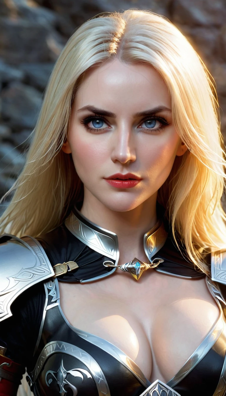 (character portrait for the game Dungeons and dragons), (female 30 years old, spellblade, high charisma), (white skin:0.8, nordic facial features, heavy black makeup, light blue eyes, blond, long, straight hair), (dark fantasy), (heavy platemail armor, gray metallic, ),([dim lights], shadows in the background, red, black, yellow)