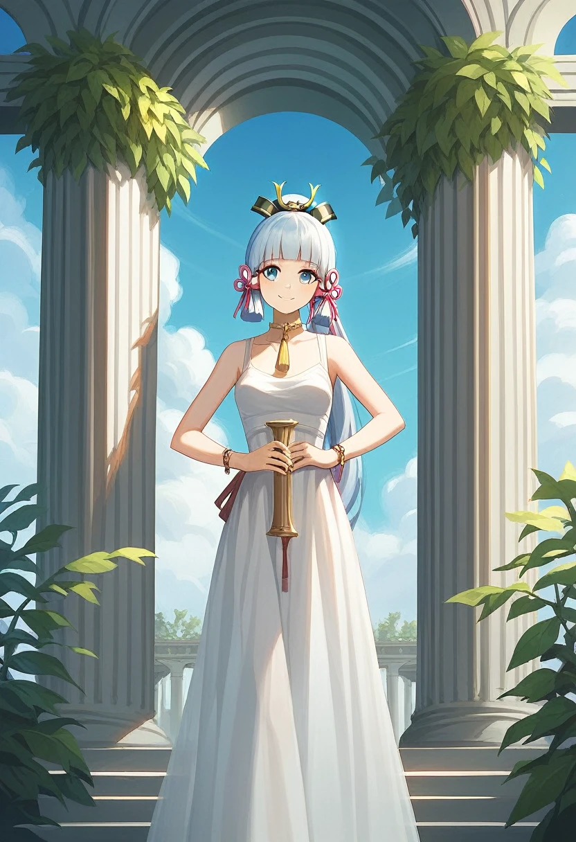 (masterpiece, Highest quality, detailed), One girl, alone, kamisato_Ayaka, Blunt bangs, Long Hair, ribbon, hair ornaments, Side Lock, hair ribbon, ponytail, Mole under the eye, Gray Hair, View your viewers,
Greek clothing, Peplos, Laurel wreath, Bracelet, See-through, arch, Pillar, column, architecture, Overgrown, Grapevine, blue sky, wedding, Put your arms behind your head, smile, Mouth closed