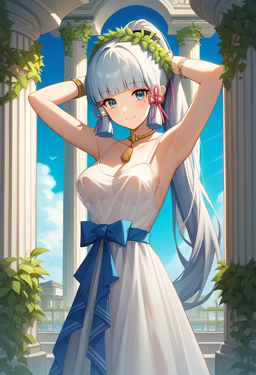 (masterpiece, Highest quality, detailed), One girl, alone, kamisato_Ayaka, Blunt bangs, Long Hair, ribbon, hair ornaments, Side Lock, hair ribbon, ponytail, Mole under the eye, Gray Hair, View your viewers,
Greek clothing, Peplos, Laurel wreath, Bracelet, See-through, arch, Pillar, column, architecture, Overgrown, Grapevine, blue sky, wedding, Put your arms behind your head, smile, Mouth closed