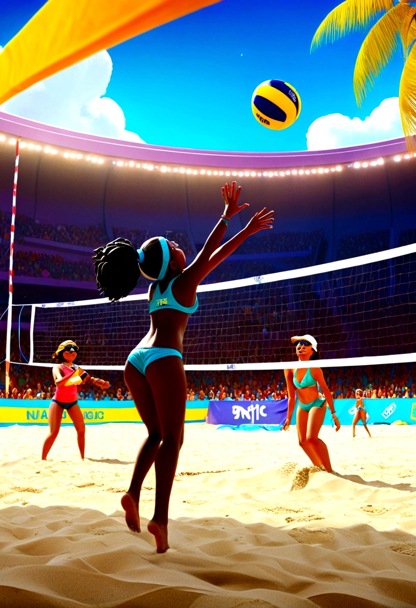 Beach Volleyball, by Skottie Young, full body, cinematic still, cinemascope, best quality, masterpiece, very aesthetic, perfect composition, intricate details, ultra-detailed, vivid colors