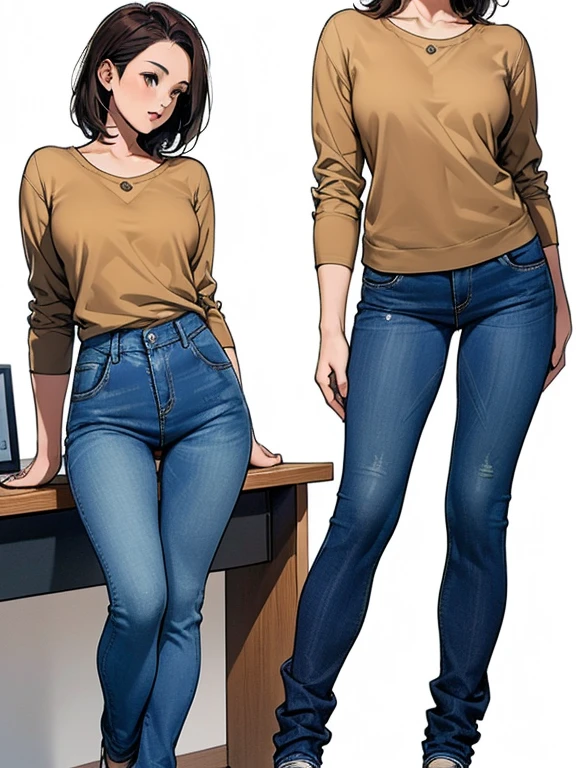 Detailed character sheet, Front view, Side view, Oblique view, with a white returnground, show women, 30 years old, with short dark brown hair combed return, Light casual clothing, Wearing tight denim jeans. The seat includes different angles, Front desk etc.., return, and Side views, Model and Reference Sheets, Full body painting. The ratio is based on 7.5 Head Scale.