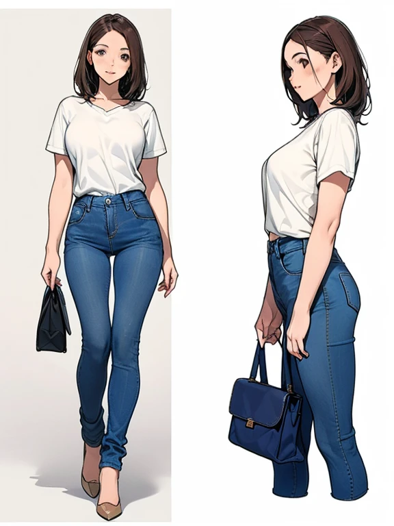 Detailed character sheet, Front view, Side view, Oblique view, with a white returnground, show women, 30 years old, with short dark brown hair combed return, Light casual clothing, Wearing tight denim jeans. The seat includes different angles, Front desk etc.., return, and Side views, Model and Reference Sheets, Full body painting. The ratio is based on 7.5 Head Scale.