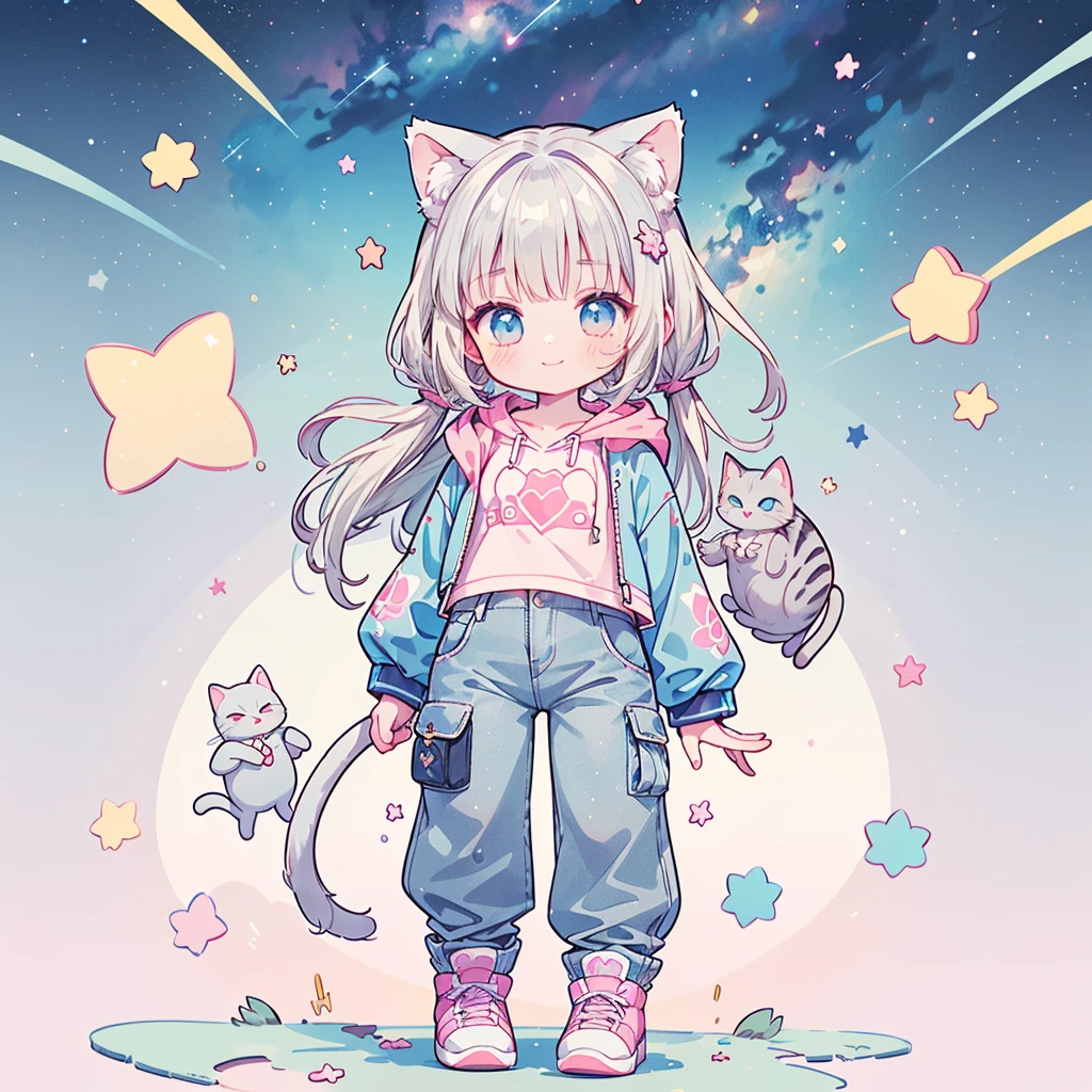 ((Highest quality,masterpiece,Extremely complex and exquisite details,A short girl with gray and blue cat ears and long hair is in the center,Gray blue super long straight hair,Curly hair at the ends,Sparse air bangs,Gray and pink T-shirt with xJ lettering,Denim hooded cropped jacket,Black and gray long cargo pants)),(pink and white sneakers,Smile slightly,Surrounded by tons of cute short-legged cats,Correct anatomy),Super Q super cute short full body portrait,Starry sky background vertical painting space scene