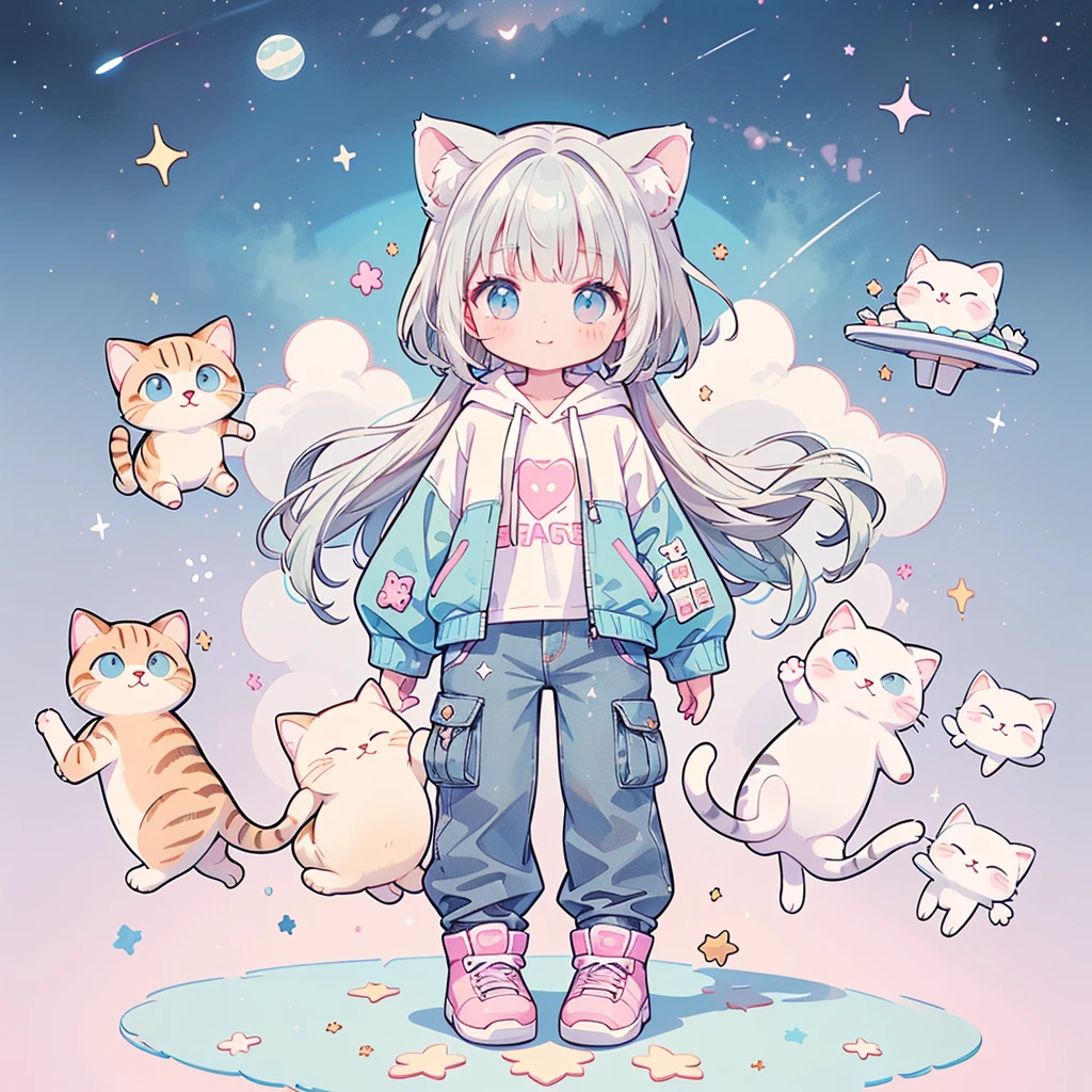 ((Highest quality，masterpiece，Extremely complex and exquisite details，A short girl with gray and blue cat ears and long hair is in the center，Gray blue super long straight hair，Curly hair at the ends，Sparse air bangs，Gray and pink T-shirt with xJ lettering，Denim hooded cropped jacket，Black and gray long cargo pants))，(pink and white sneakers，Smile slightly，Surrounded by tons of cute short-legged cats，Correct anatomy)，Super Q super cute short full body portrait，Starry sky background vertical painting space scene