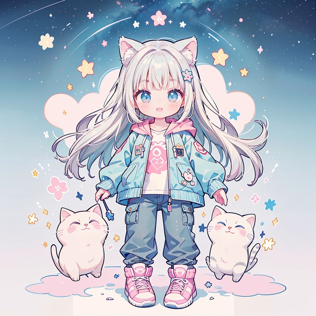 ((Highest quality,masterpiece,Extremely complex and exquisite details,A short girl with gray and blue cat ears and long hair is in the center,Gray blue super long straight hair,Curly hair at the ends,Sparse air bangs,Gray and pink T-shirt with xJ lettering,Denim hooded cropped jacket,Black and gray long cargo pants)),(pink and white sneakers,Smile slightly,Surrounded by tons of cute short-legged cats,Correct anatomy),Super Q super cute short full body portrait,Starry sky background vertical painting space scene