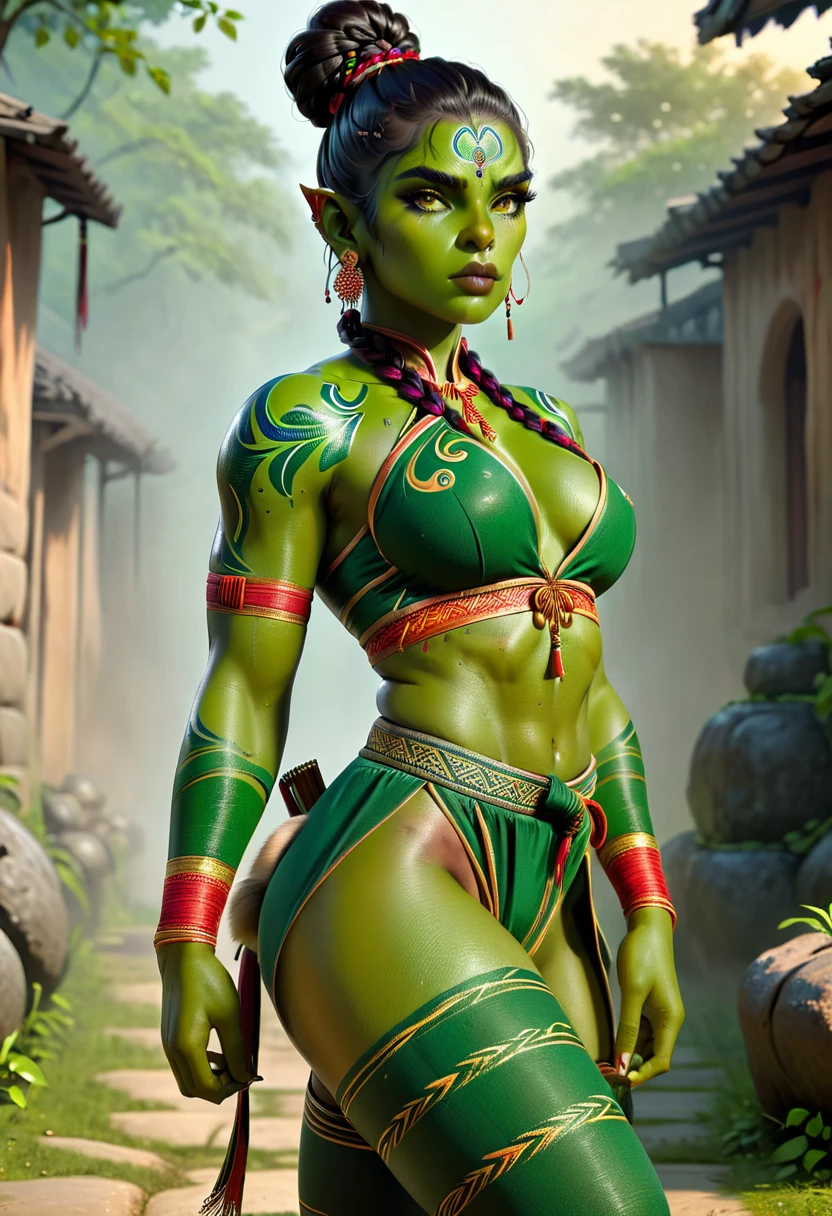 (danahamm:1.08), (style-sylvamagic:0.88), (extremely detailed CG octane render 8k wallpaper), the most beautiful artwork in the world, a Full body shot photo of a sexy solo woman looking at the camera, (nsfw:0.50), full dynamic color, Intricate, High Detail, Sharp focus, dramatic, photorealistic masterpiece painting, modelshoot style, orc women, tusks, green skin, 6 pack, toned, muscles, biceps, pouty lips, long single braid hair with shaved sides, east indian clothing, realistic fabric, colourful bodypaint, strong thighs, fierce, perfect skin, detailed skin, martial artist pose, hair bun
