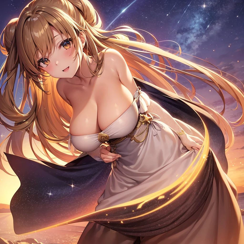 asuna,STAR, crown half up hairstyle,, woman, happy, huge breasts, dress, overexplosure, light brown Clothes, dusk sky, dusk, sunset, Free Pose、Shoulder Off、Cleavage exposure、Only one woman、Low - Angle