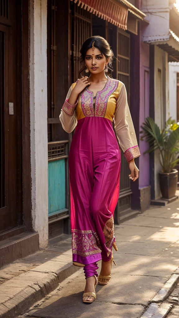 A sexy hot woman walks down an Indian street, elegantly dressed in a vibrant salwar kameez. She carries a stylish hand purse, and with a graceful motion, adjusts her hair from her face, casting her gaze downward. The soft sunlight catches the delicate embroidery on her outfit, highlighting her natural beauty and poison