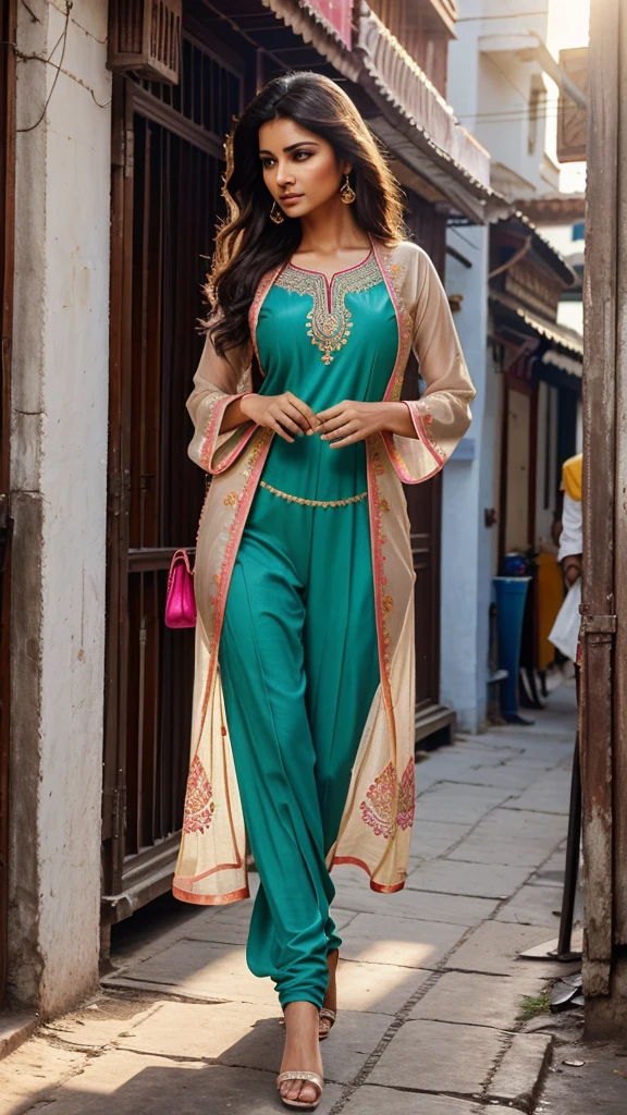 A sexy hot woman walks down an Indian street, elegantly dressed in a vibrant salwar kameez. She carries a stylish hand purse, and with a graceful motion, adjusts her hair from her face, casting her gaze downward. The soft sunlight catches the delicate embroidery on her outfit, highlighting her natural beauty and poison