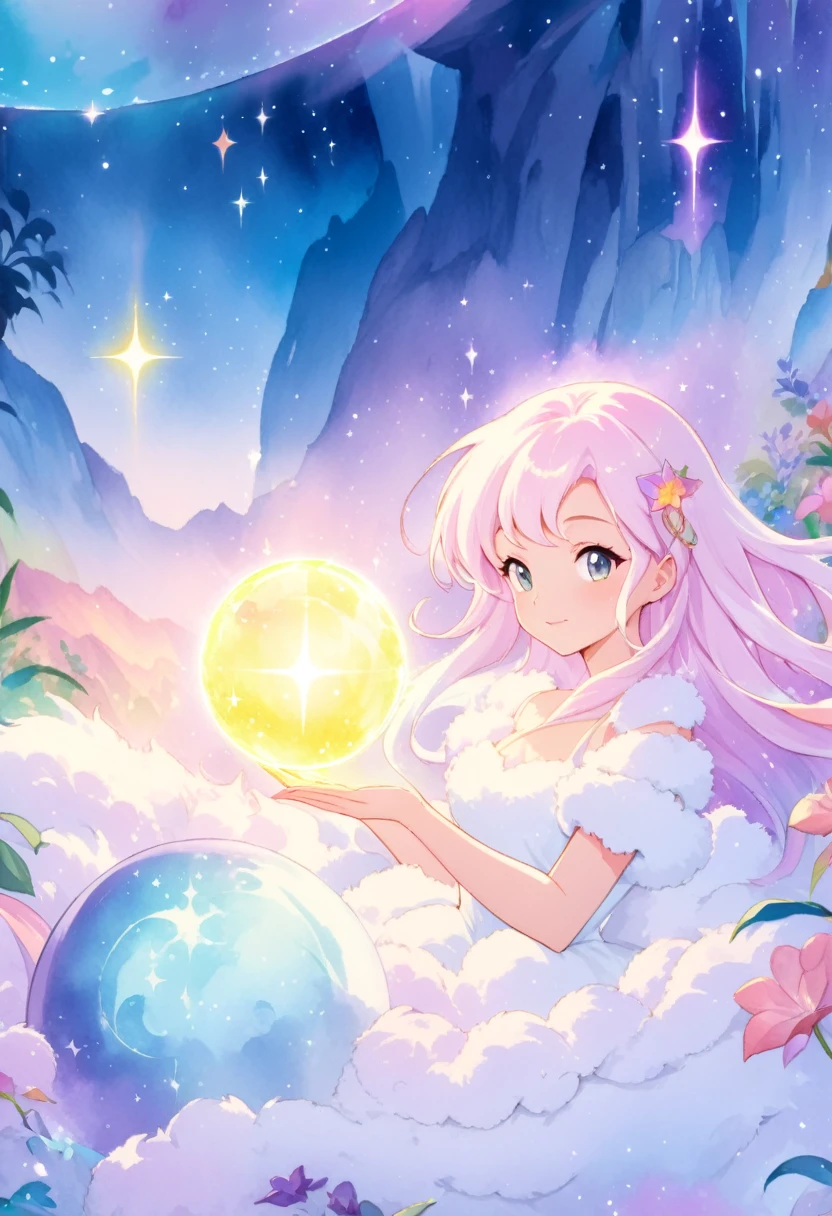 beautiful girl in sparkling white dress holding a Magic sphere,Lilia, ((Sparkling fluffy layered ball gown)), (Magic, Whimsical), (glowing Magic orb), Long, flowing, colorful hair, Colorful Fantasia Background, Watercolor illustration, Disney Art Style, An aura that glows around her, Glowing Light, beautiful digital illustration, Fantastic landscape of another world, plants and flowers, beautiful, masterpiece, Highest quality, Anime Disney Style