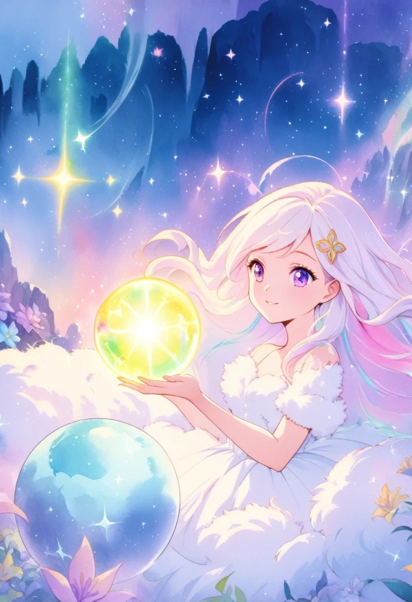 beautiful girl in sparkling white dress holding a Magic sphere,Lilia, ((Sparkling fluffy layered ball gown)), (Magic, Whimsical), (glowing Magic orb), Long, flowing, colorful hair, Colorful Fantasia Background, Watercolor illustration, Disney Art Style, An aura that glows around her, Glowing Light, beautiful digital illustration, Fantastic landscape of another world, plants and flowers, beautiful, masterpiece, Highest quality, Anime Disney Style
