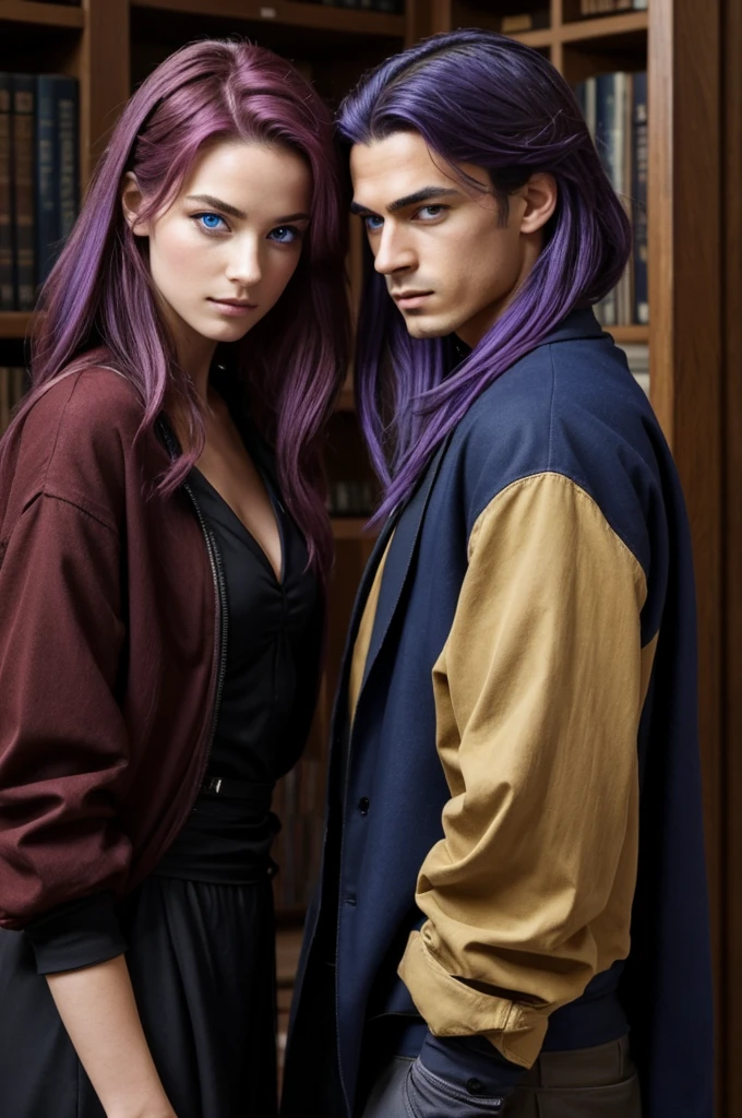 Je voudrais que tu crée une image avec : une bibliothèque qui sépare 2 gars, un qui a les cheveux mi-long rouge avec une yeux violet a gauche et un yeux jaune a droite, qui porte du streetwear et l'autre gars qui a les cheveux mi-long, un bleu a gauche et un yeux marron a droite qui porte du dark academia.