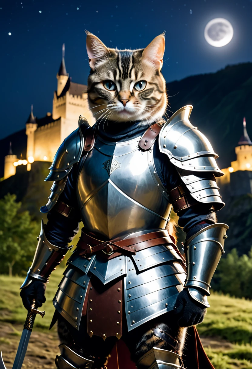 Photo of a cat warrior in plate armor, nighttime on a battlefield, flam8ng castle in the background