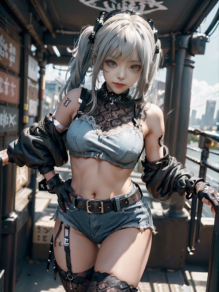 (Full Body View:1.3)、(Side view:1.1)、(Wearing a thong:1.4)、(Accentuate your butt:1.3)、(Smiling with teeth showing:1.3),(Shibuya Gal:1.5)、(Neo-goth style fashion:1.5)、(Punk RockVisual Kei:1.4)、(A high-leg bodysuit in a delicate design of denim, silver and black:1.5)、(Denim, black gloves and sailor shirt:1.5)、(Denim high heels:1.3)、(Wearing silver accessories:1.5)、(Denim collar:1.4)、(Black Leather Garter Belt:1.4)、(Brown Skin Belt:1.3)、(Black lace underwear:1.5)、20-year-old、NSFW、((Highest quality、In 8K、masterpiece:1.3))、Sharp focus:1.2、(Layered Cut、Huge boobs:1.1),Beautiful woman with perfect figure:1.4、(Dancing vigorously:1.3)、Slender Abs:1.2、Highly detailed face and skin texture、Detailed eyes、double eyelid,(Twin tails:1.3)、(Cream colored hair:1.3)、Gravure idol、(The Caribbean cityscape in the background:1.3)、(Slim body:1.3),(Make your legs thinner:1.4),(clavicle:1.1)