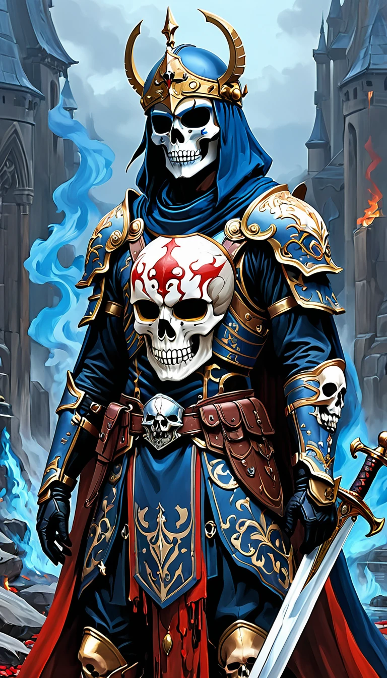 There is blood, 1 boy, Skull Mask,armor, Male focus, Solitary,arms,sword,peak,Looking at the audience, blue_fire,sleep, Put on your hat, Keep, (masterpiece), (best quality), Human Development Report, Intricate details,