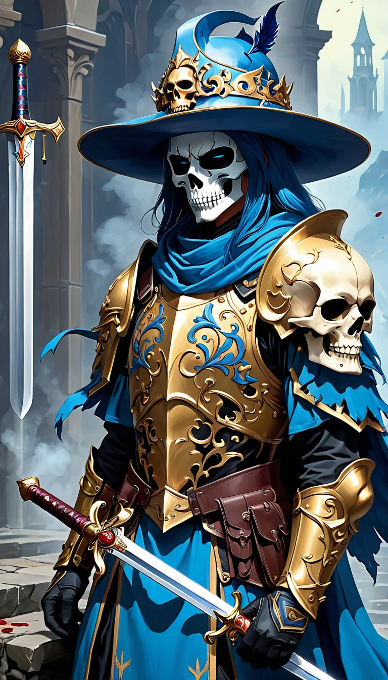 There is blood, 1 boy, Skull Mask,armor, Male focus, Solitary,arms,sword,peak,Looking at the audience, blue_fire,sleep, Put on your hat, Keep, (masterpiece), (best quality), Human Development Report, Intricate details,