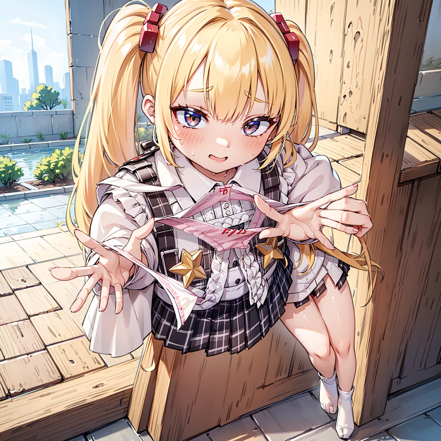 blonde, {{{Half Twin Tail:1.3}}}、shirt, blush, white shirt, hair ornaments, Manicure, Plaid skirt, Pleated skirt,
,Pay attention to the panties,
Looking down,View your audience,Panties as a gift,Tabletop, Highest quality, Perfect Skin, Detailed skin texture, Super detailed, 8K, Intricate details, Beautifully detailed face,High resolution,
Looking down at the viewer, masterpiece, (Panties are stained with pee)、(Pussy、Love Juice)、Sweat、(body odor),perfect hands