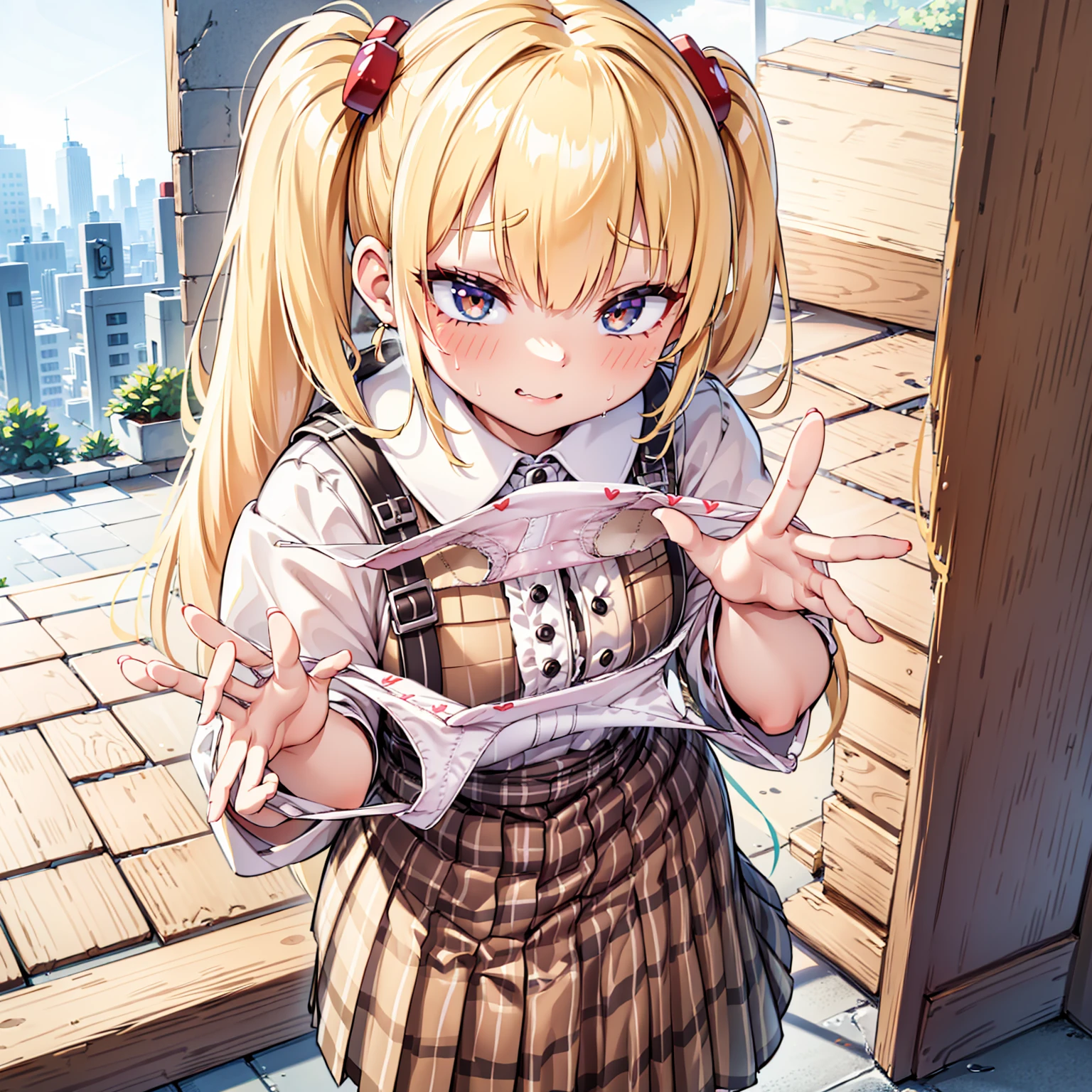 blonde, {{{Half Twin Tail:1.3}}}、shirt, blush, white shirt, hair ornaments, Manicure, Plaid skirt, Pleated skirt,
,Pay attention to the panties,
Looking down,View your audience,Panties as a gift,Tabletop, Highest quality, Perfect Skin, Detailed skin texture, Super detailed, 8K, Intricate details, Beautifully detailed face,High resolution,
Looking down at the viewer, masterpiece, (Panties are stained with pee)、(Pussy、Love Juice)、Sweat、(body odor),perfect hands
