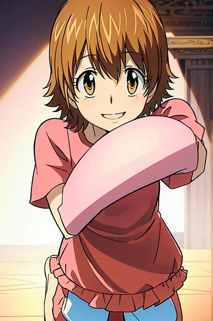 1girl, solo, princess, pink dress, palace, Castle, short sleeves, room, smiling, short hair, brown hair, gold eyes, Tiara, looking at the viewers, masterpiece, indoors, 8k, best quality, slong slevess dress, full body, curtsy, shoes,