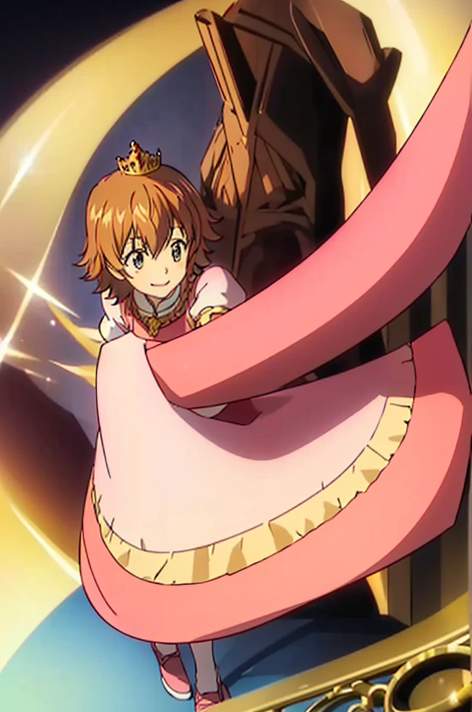 1girl, solo, princess, pink dress, palace, Castle, short sleeves, room, smiling, short hair, brown hair, gold eyes, Tiara, looking at the viewers, masterpiece, indoors, 8k, best quality, slong slevess dress, full body, curtsy, shoes,