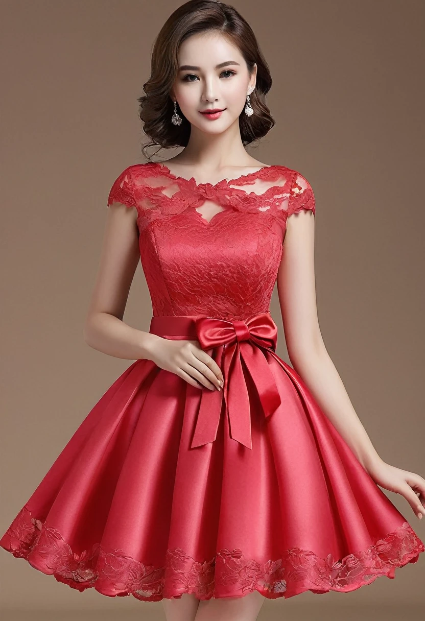 Please design an attractive beautiful
woman' party dress considering the following parameters:
1. Color: Red, Pink, Blue
2. Length: Short, Midi, Long
3. Fabric: Satin, Silk, Tulle
4. Details: Lace, Bow, Belt
5. Occasion: Wedding, Party, Birthday
The design should be appealing, modern, and suitable for young girls.