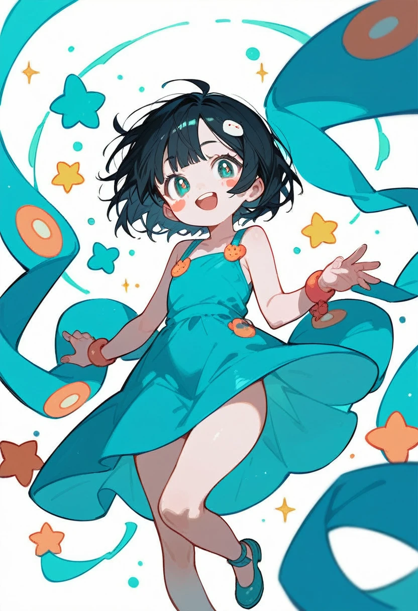 Girl, short black hair, Stickers, teal dress