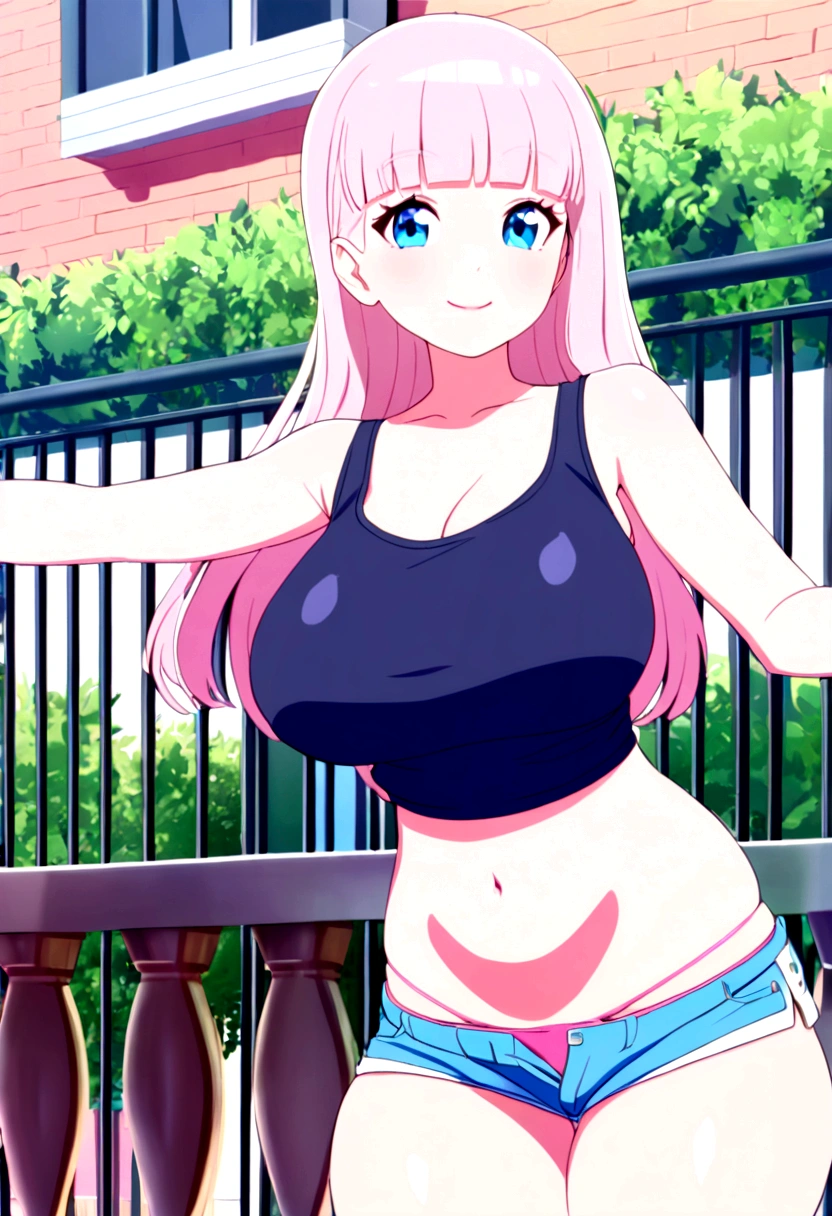 girl, mini shorts, mini tank top, J cup breast, thong, thicc thigh, balcony, charming smile, light pink hair, hime cut hair, long hair.