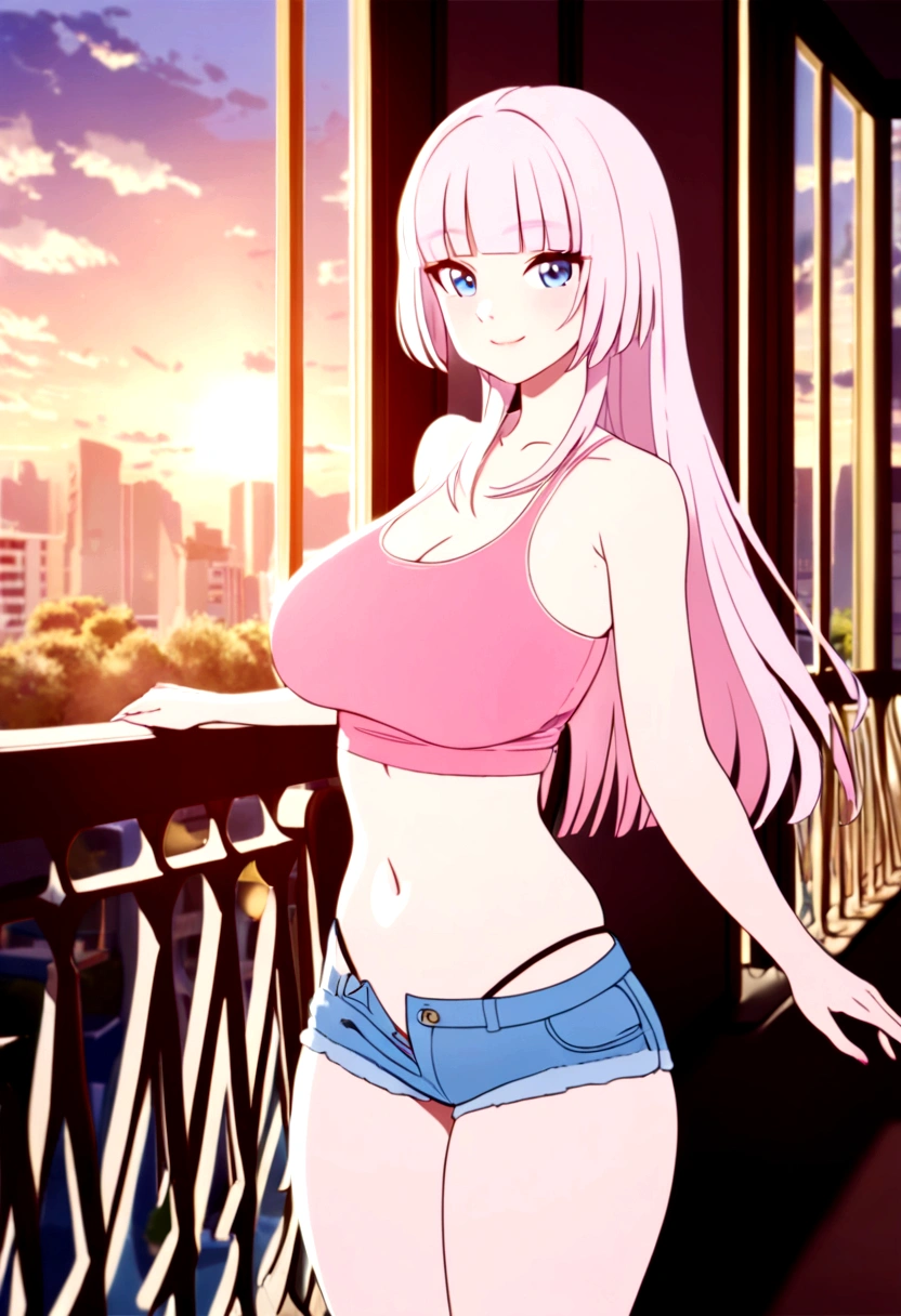 15yo girl, mini tank top, J cup breast, thong, thicc thigh, balcony, charming smile, light pink hair, hime cut hair, long hair, see through