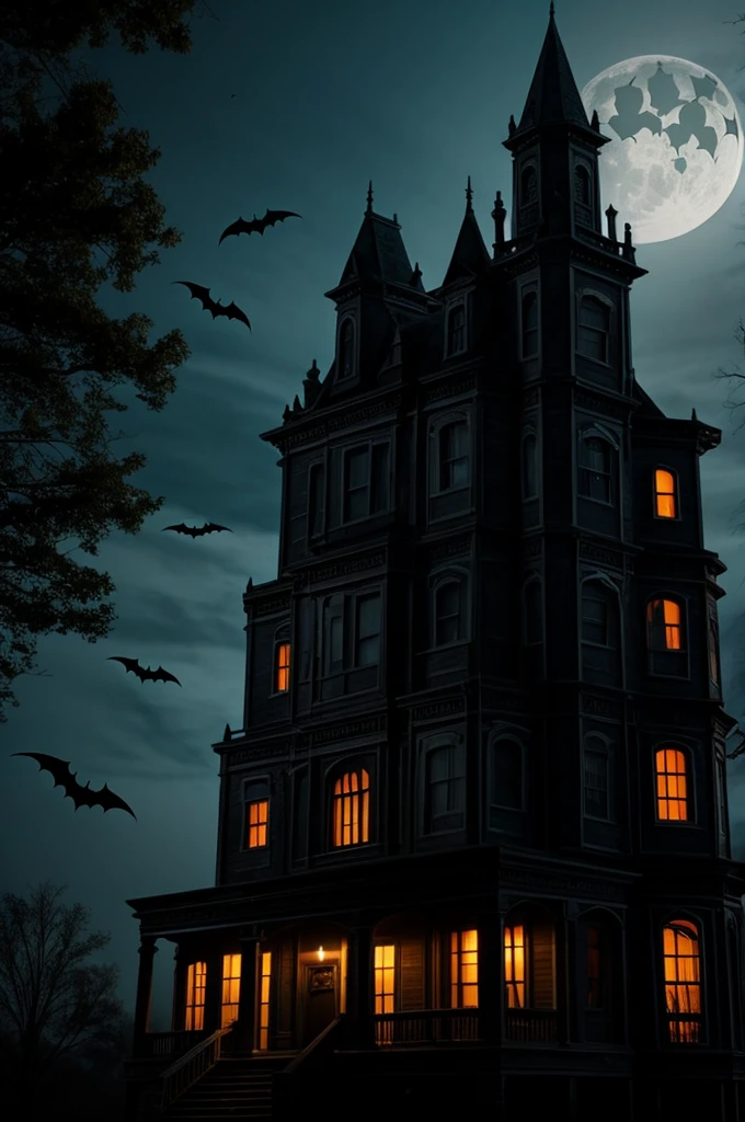 Spooky haunted house with ghosts and bats flying around.