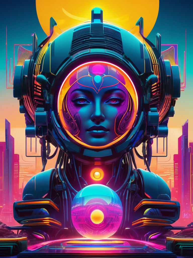 Square album cover, electronica, compilation album, reflecting electronic dance music, chilled out beats, positive look, vibrant colors, abstract patterns, neon lights, futuristic elements, Cyberpunk 2077 colors but not as dark, Russian constructivist influence, the sun, science-related ideas, abstract statues