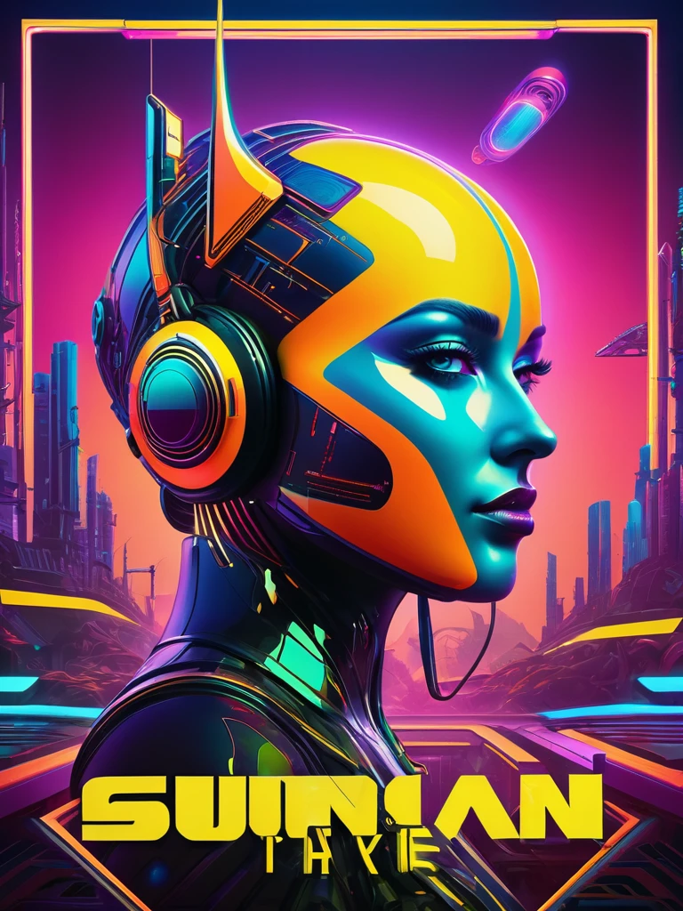 Square album cover, electronica, compilation album, reflecting electronic dance music, chilled out beats, positive look, vibrant colors, abstract patterns, neon lights, futuristic elements, Cyberpunk 2077 colors but not as dark, Russian constructivist influence, the sun, science-related ideas, abstract statues